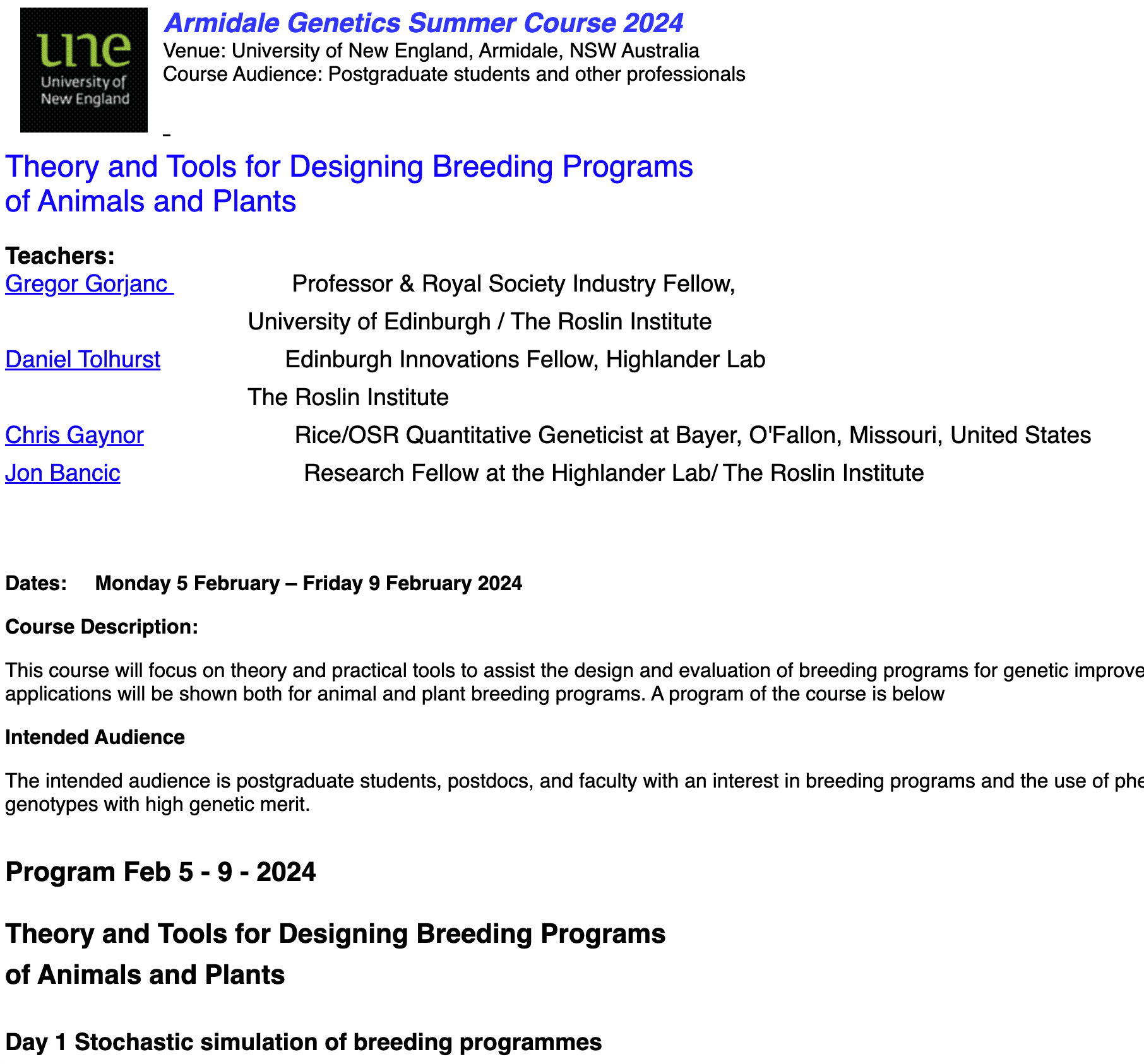 Armidale Genetics Summer Course 2024